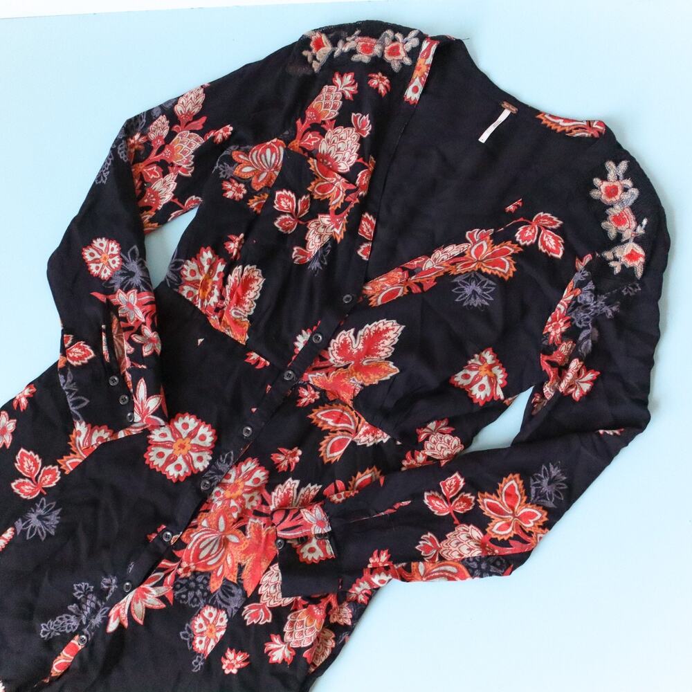 Free People Miranda Black Floral Midi Button Front Dress Size 6 Boho Embroidered - Picture 3 of 11
